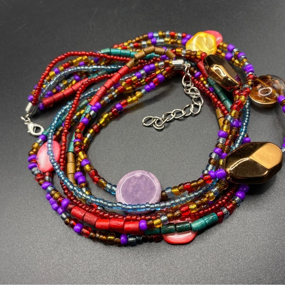 Seed Bead Multi Strand Red Gold Purple Glass Beads Wood Beads Colorful Necklace - Picture 6 of 9